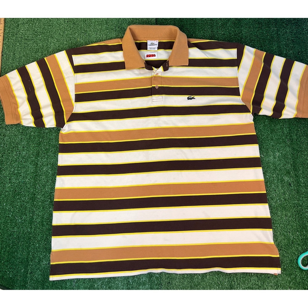 Lacoste Mens XXL Striped Short Sleeve Polo Shirt Brown Tan Cream Yellow